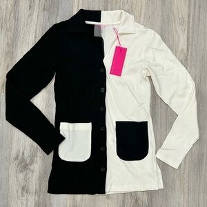 NWT Terez Ribbed Button Cardigan Sweater Black White Split Colorblock Size XS